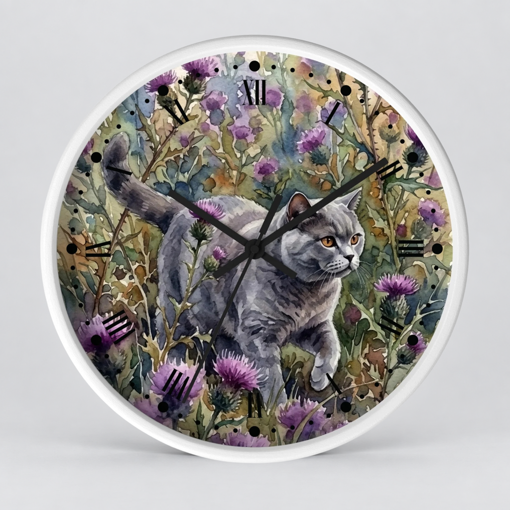 Gray Cat in Lavender Wildflowers Wood Wall Clock