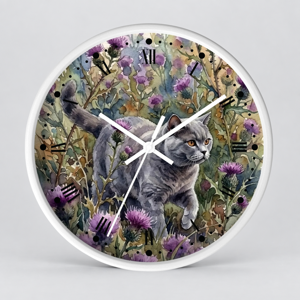 Gray Cat in Lavender Wildflowers Wood Wall Clock