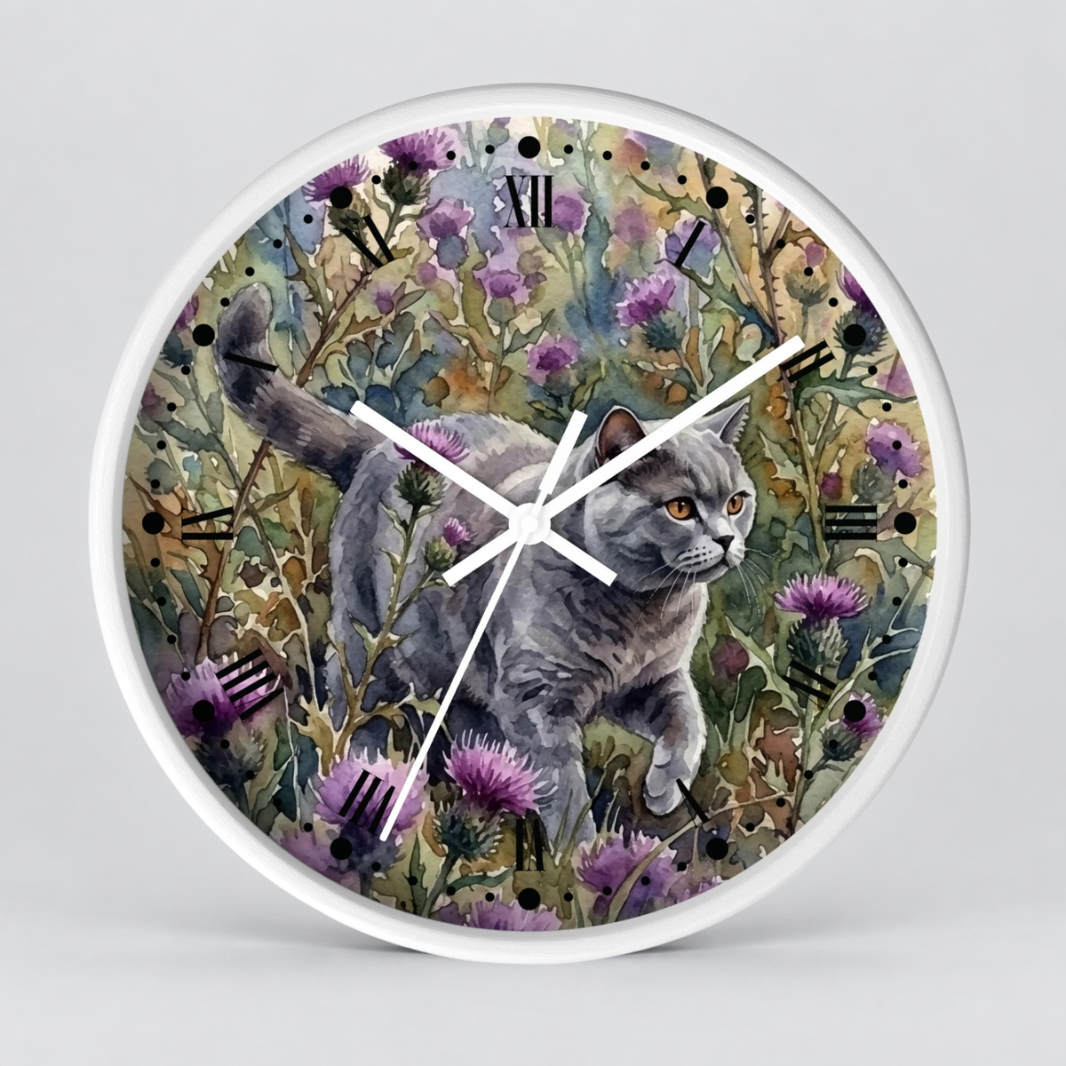 Gray Cat in Lavender Wildflowers Wood Wall Clock