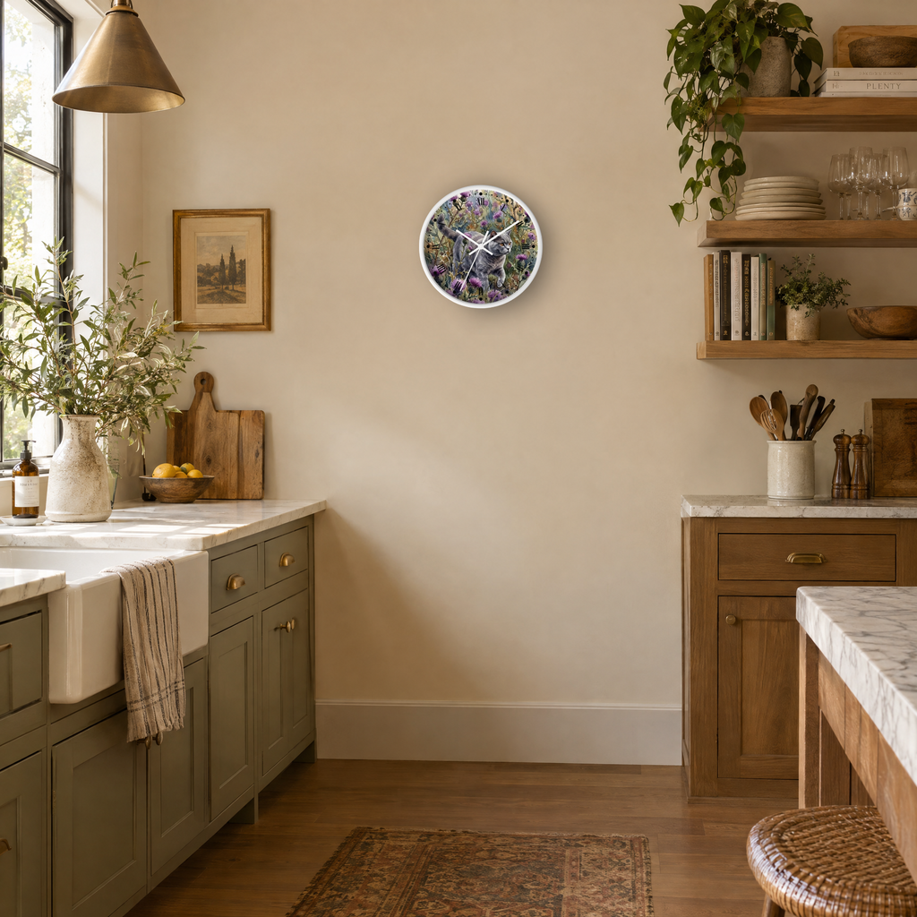 Gray Cat in Lavender Wildflowers Wood Wall Clock