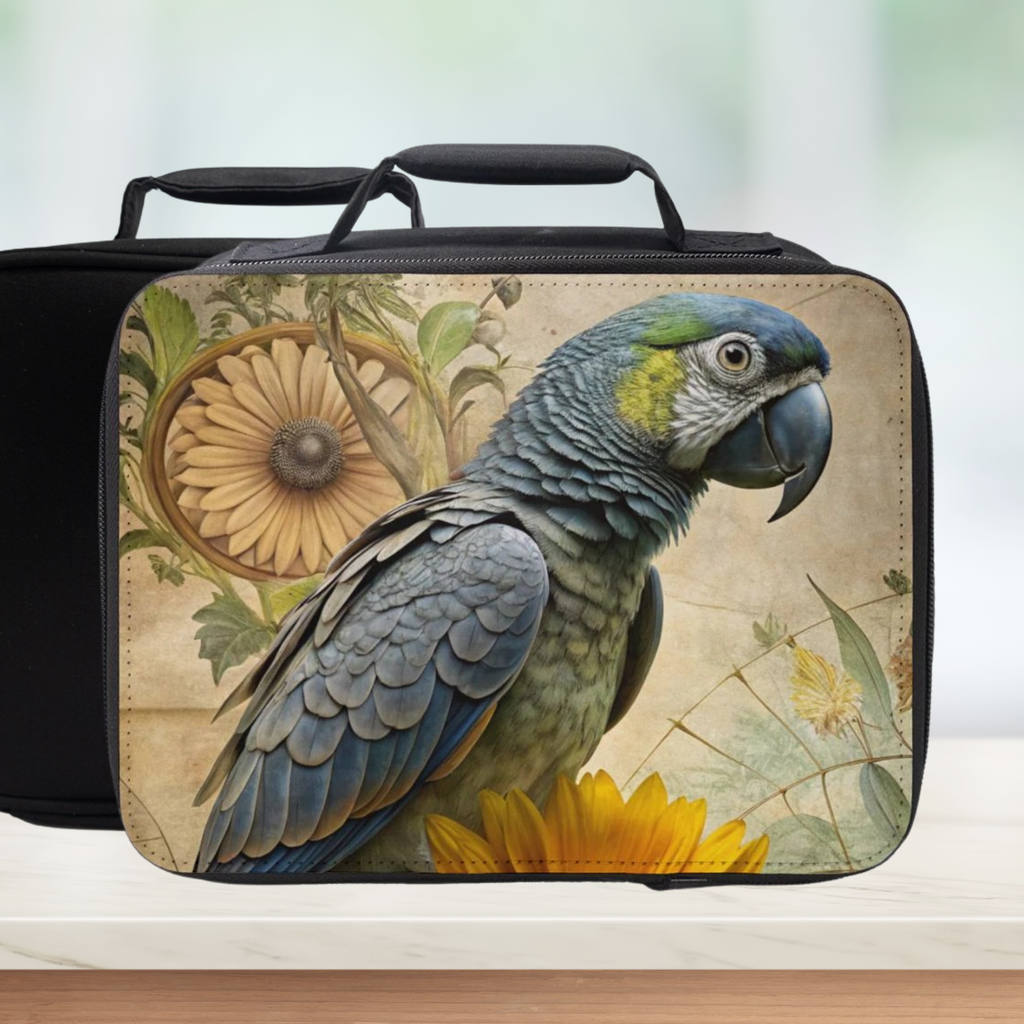  insulated lunch bag with parrot design on a floral background
