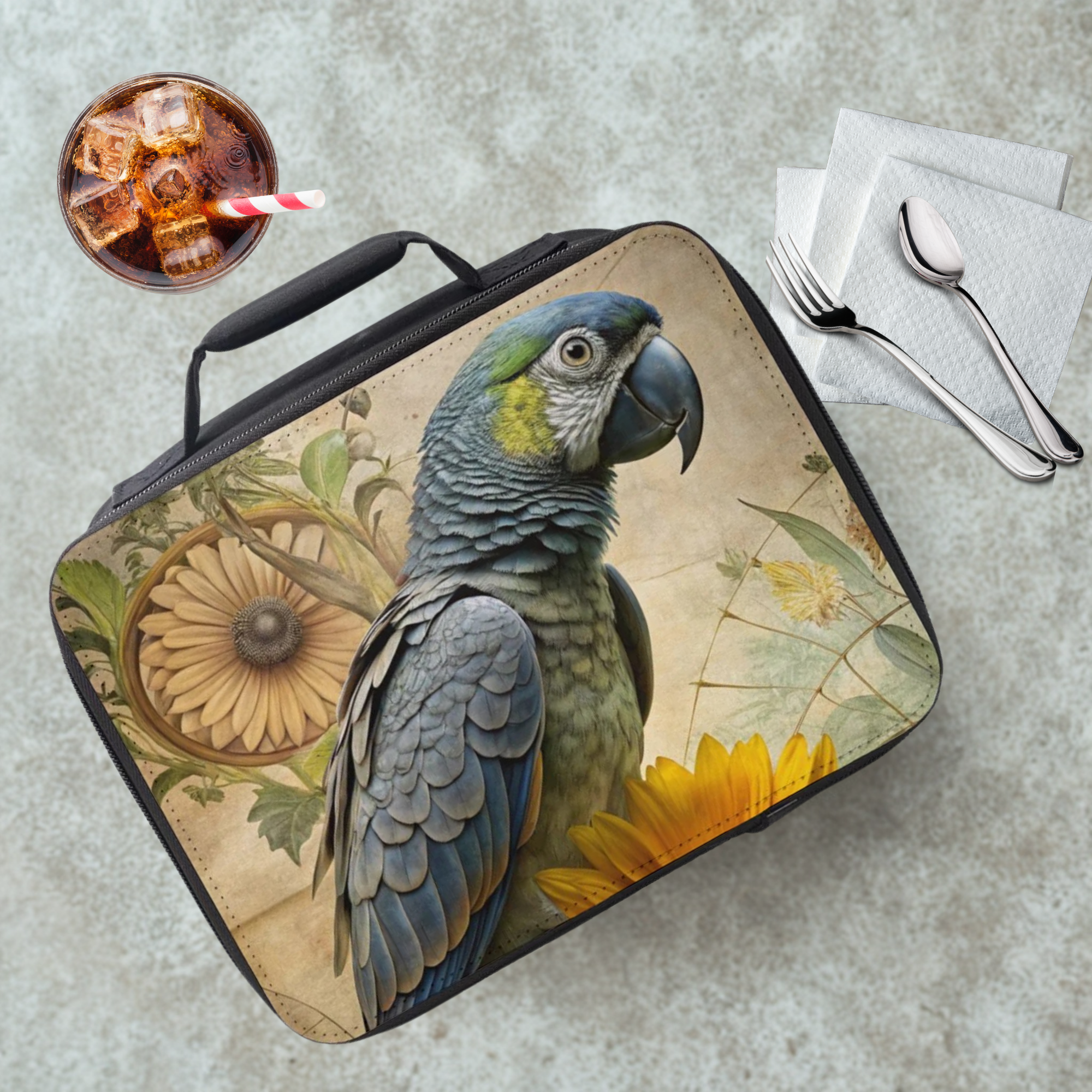 Lunch bag with a parrot design on a table with a drink and utensils.