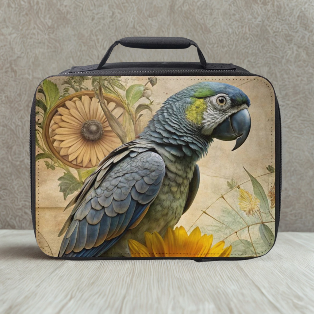  insulated lunch bag with parrot design on a neutral background