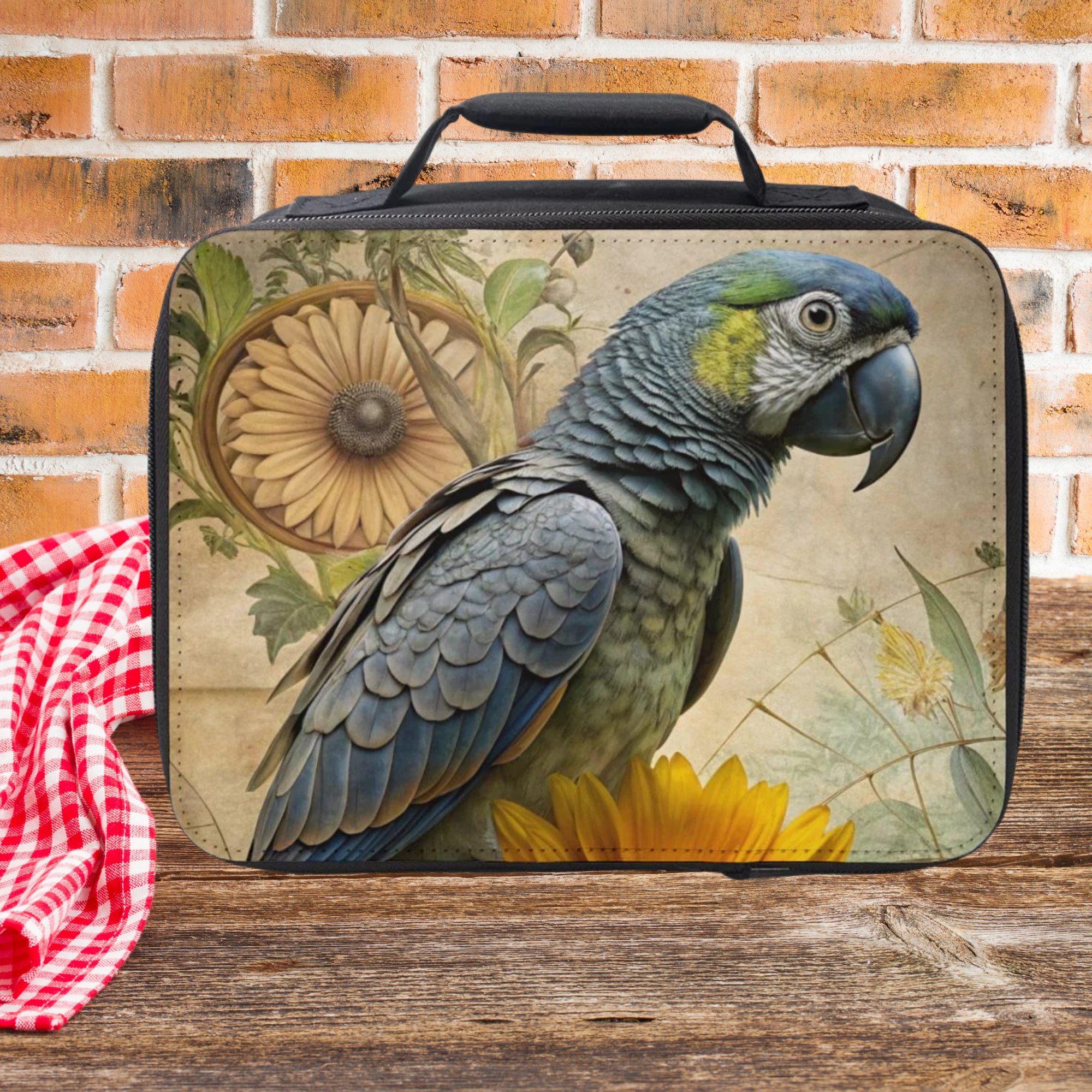 Lunch bag with parrot design on a wooden picnic table against a brick wall