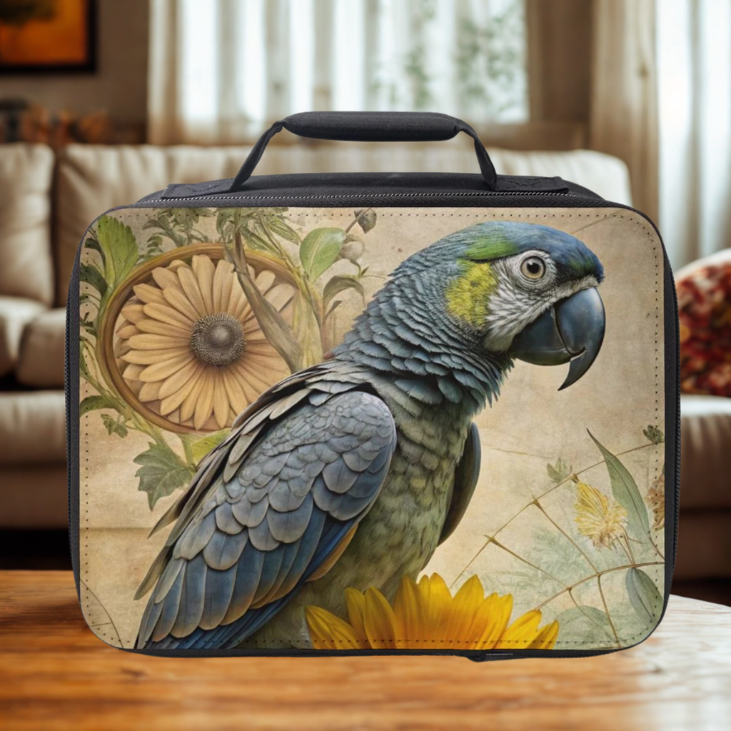 Lunch bag with a parrot design on a wooden surface