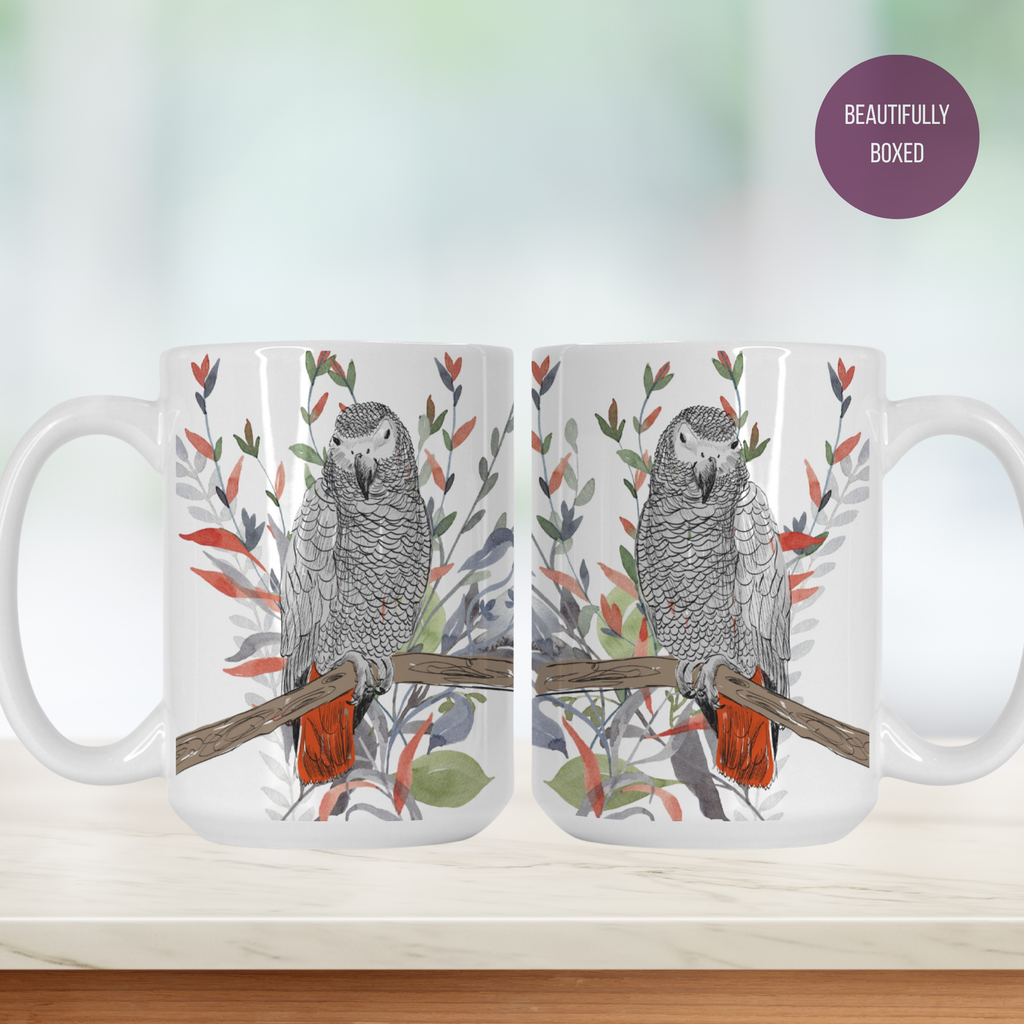 Two mugs with a parrot design on a white background