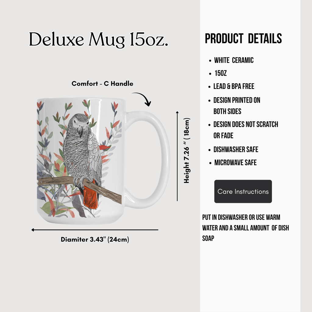 Deluxe mug with bird design and product details on a white background