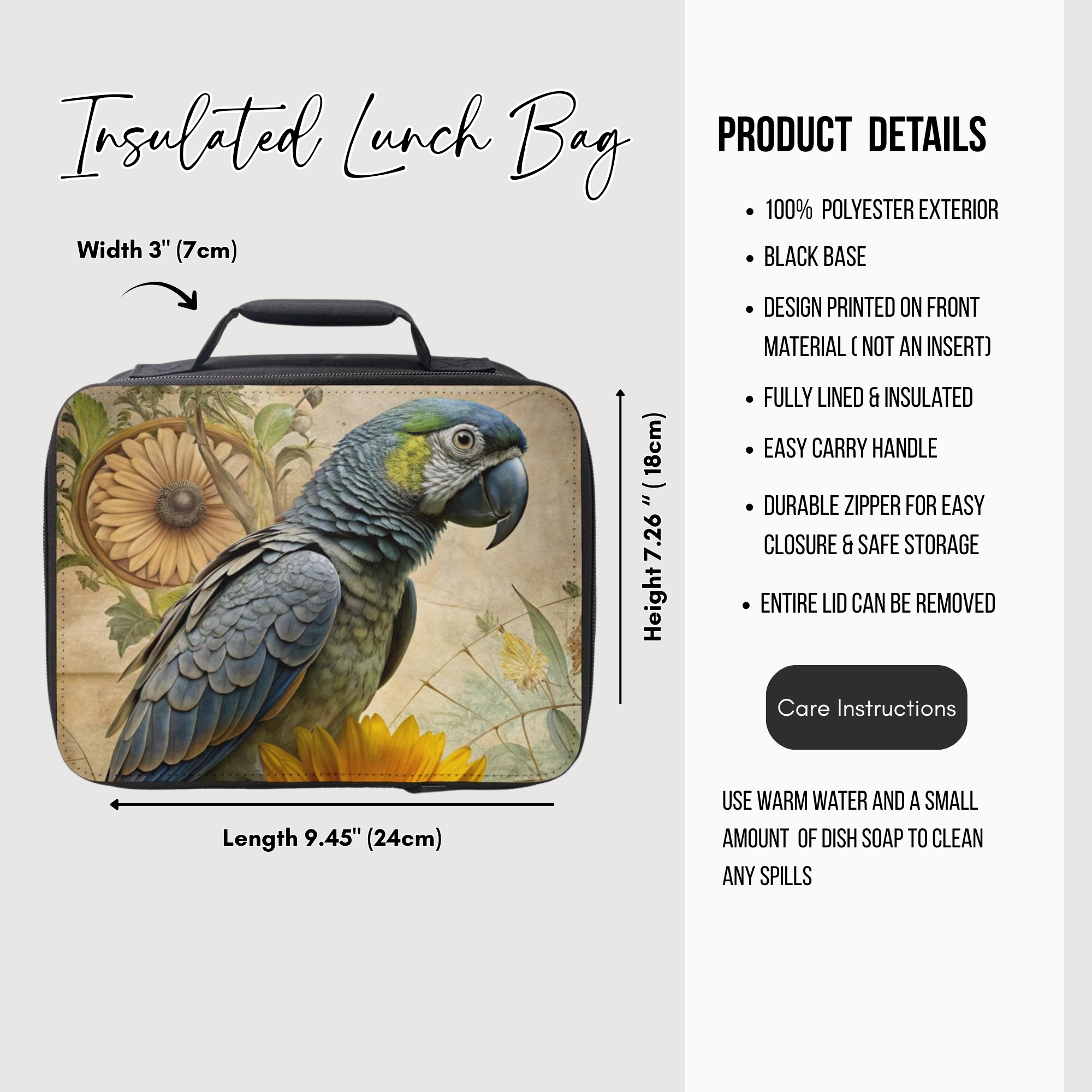 Insulated lunch bag with parrot design and product details on a white background