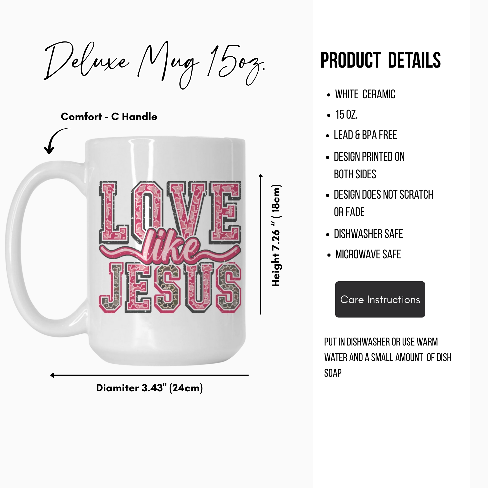 Product details featuring a 15 oz. Deluxe Mug with a pink and grey text ' Love Like Jesus'.