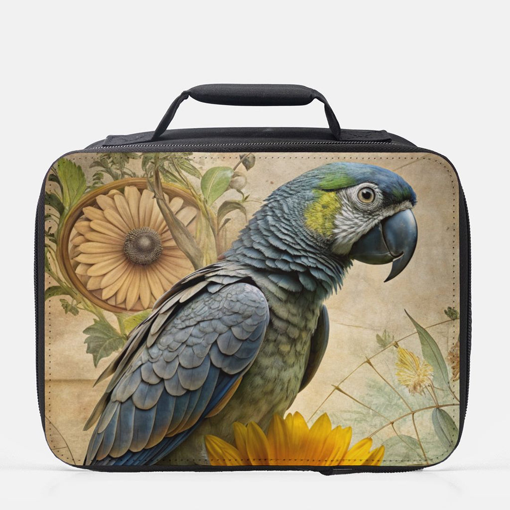  insulated lunch bag with parrot design on a beige background
