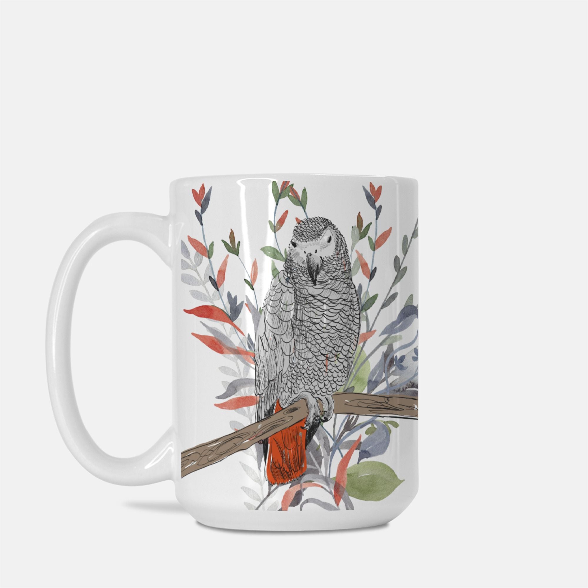 Mug with a parrot design on a white background