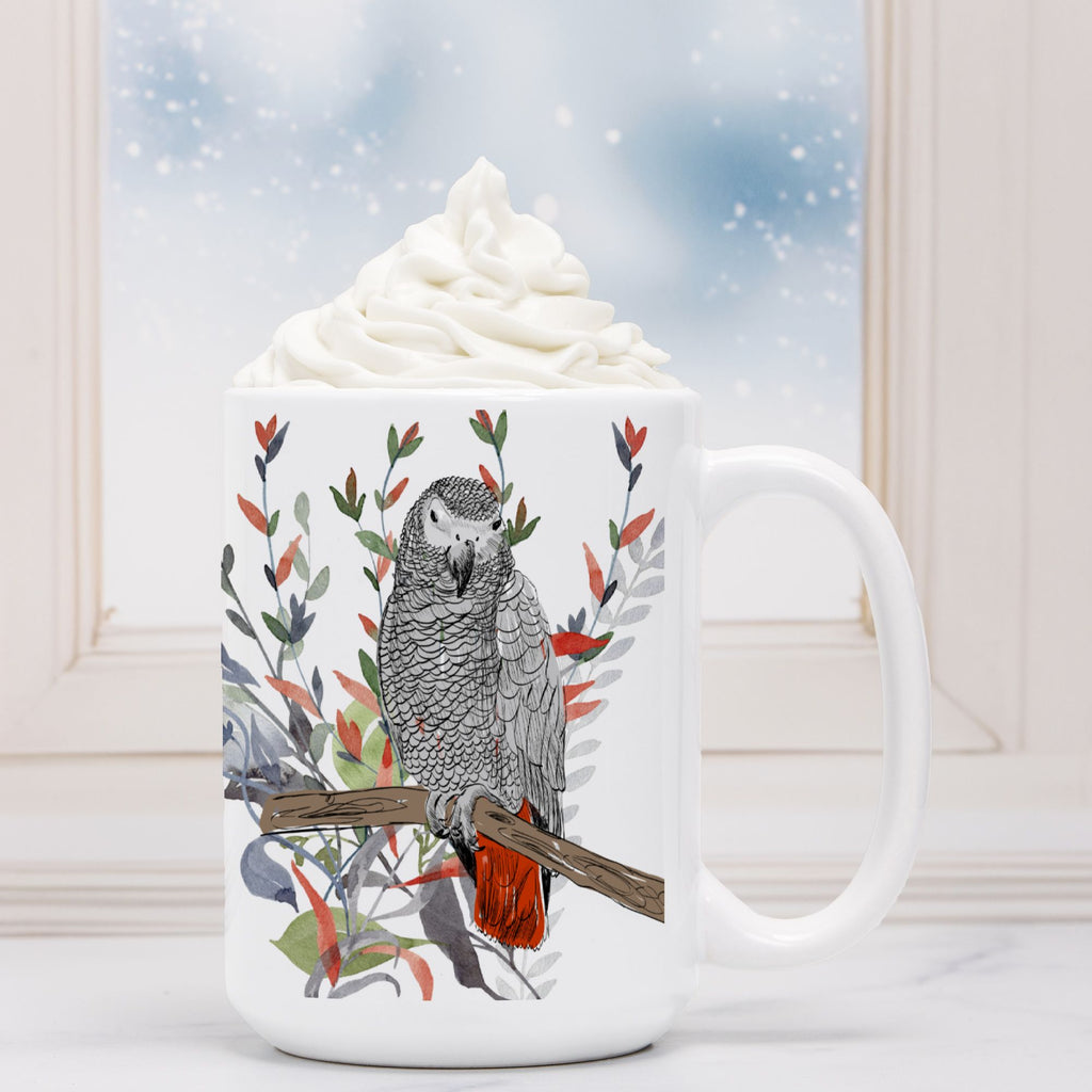 White mug with a parrot design on a white surface