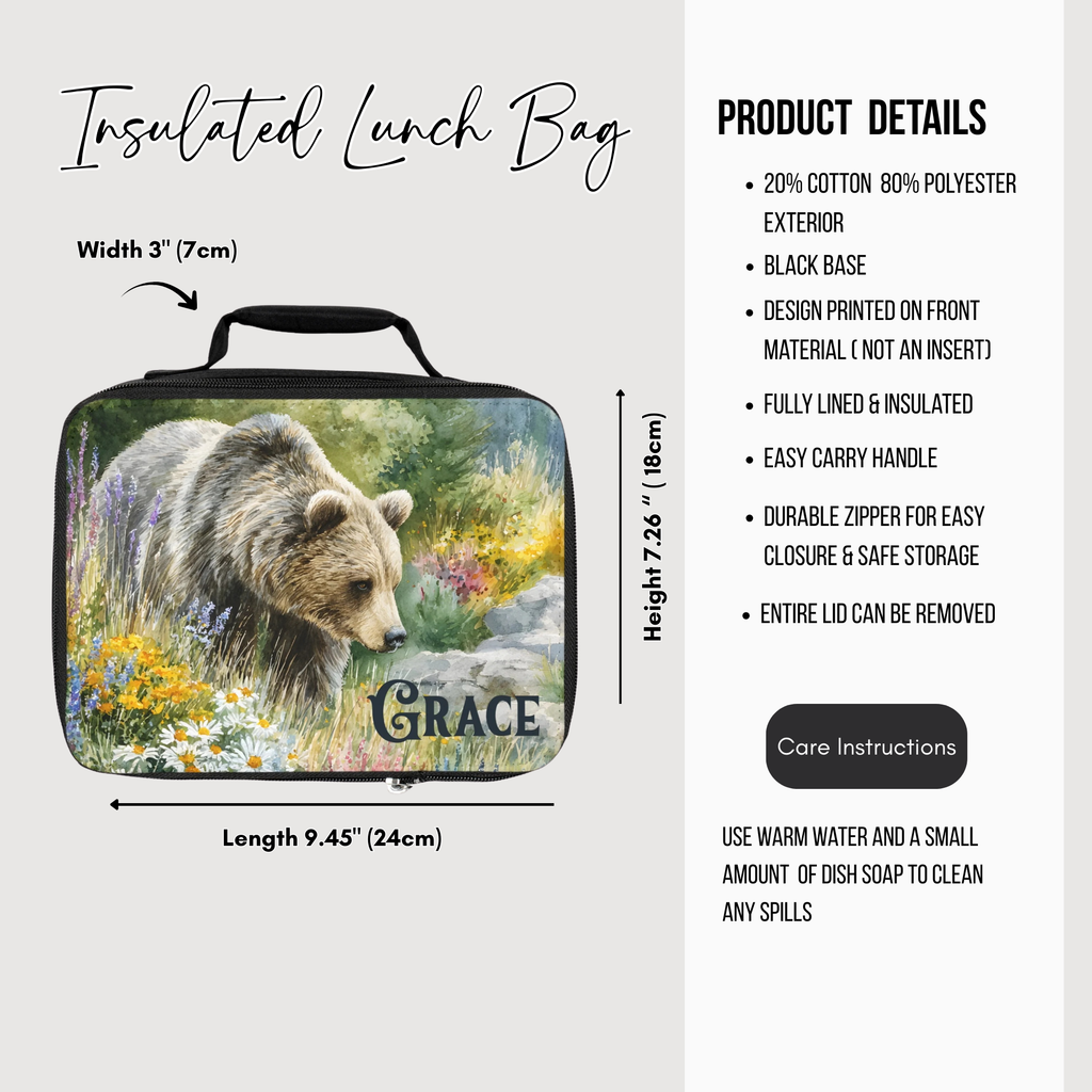Insulated lunch bag with bear design and product details on a white background