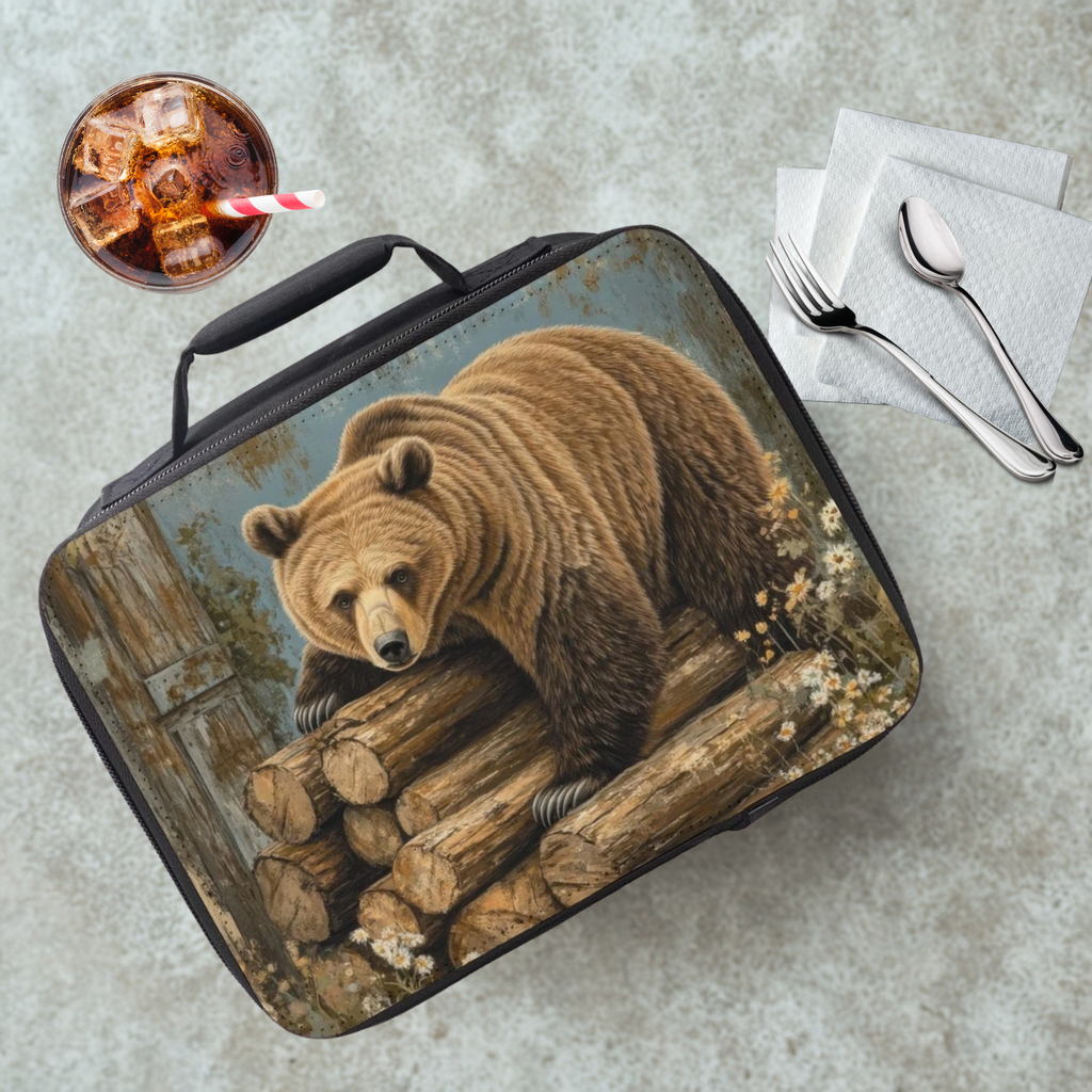 Lunch bag with bear design on a cafeteria table with a drink and utensils.