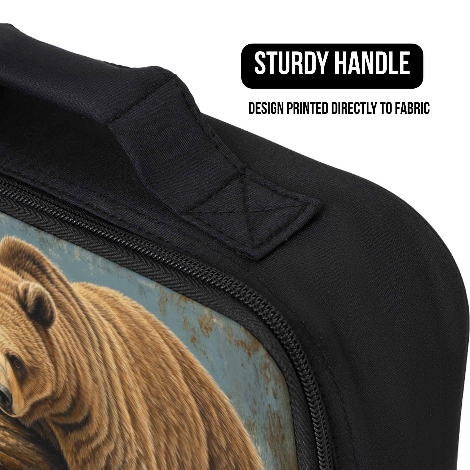 Black bag with bear design and sturdy handle feature