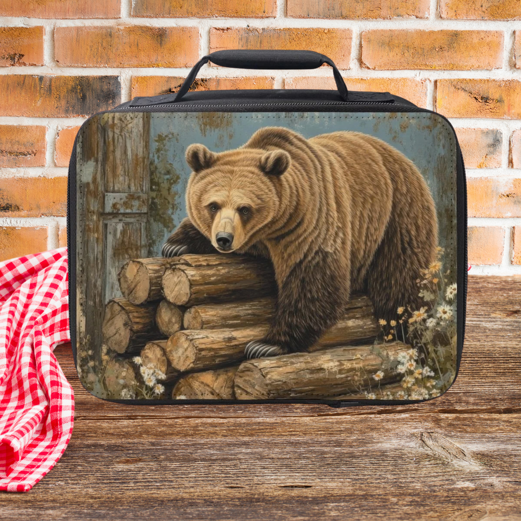 Lunch bag with bear design on a wooden surface and brick wall background