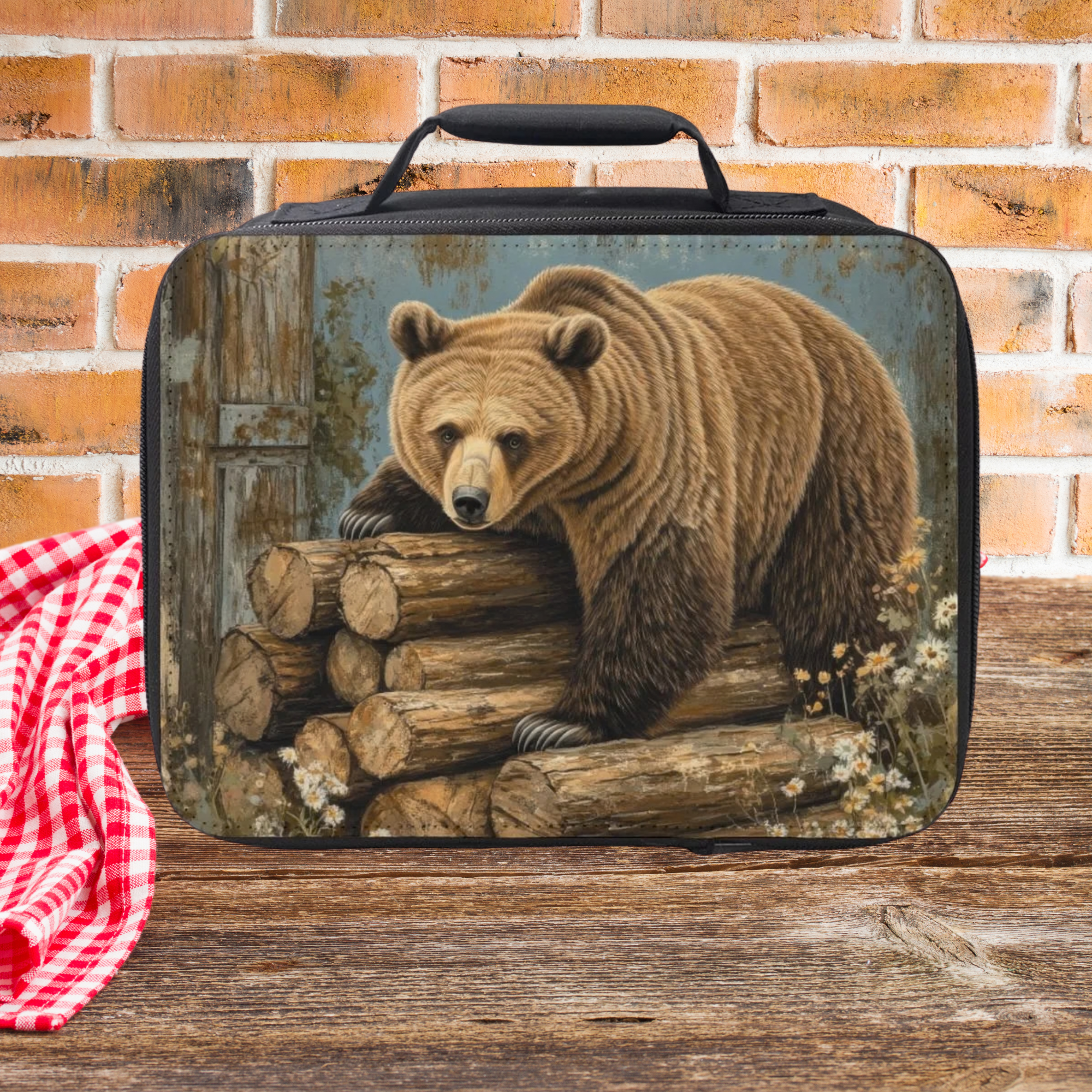 Lunch bag with bear design on a wooden surface and brick wall background