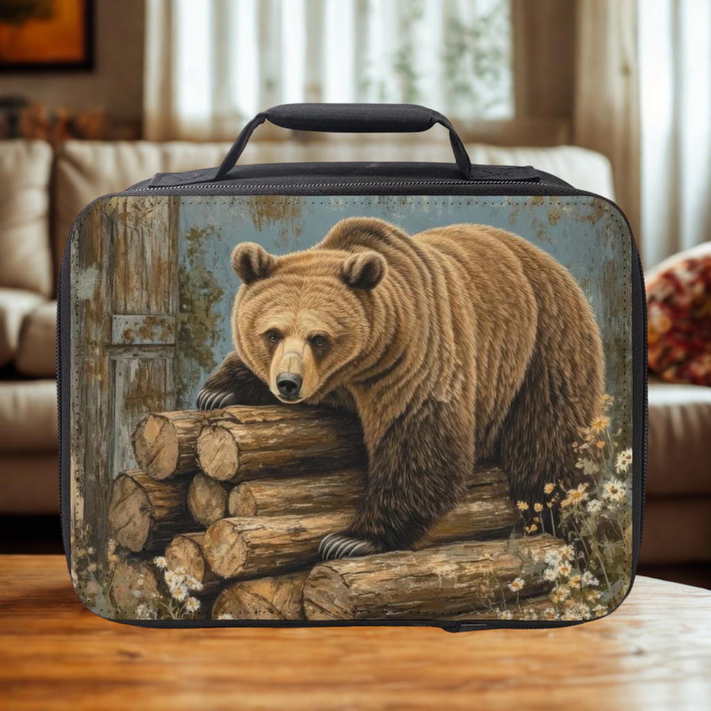 Lunch bag with bear design on a wooden coffee table in a cozy living room