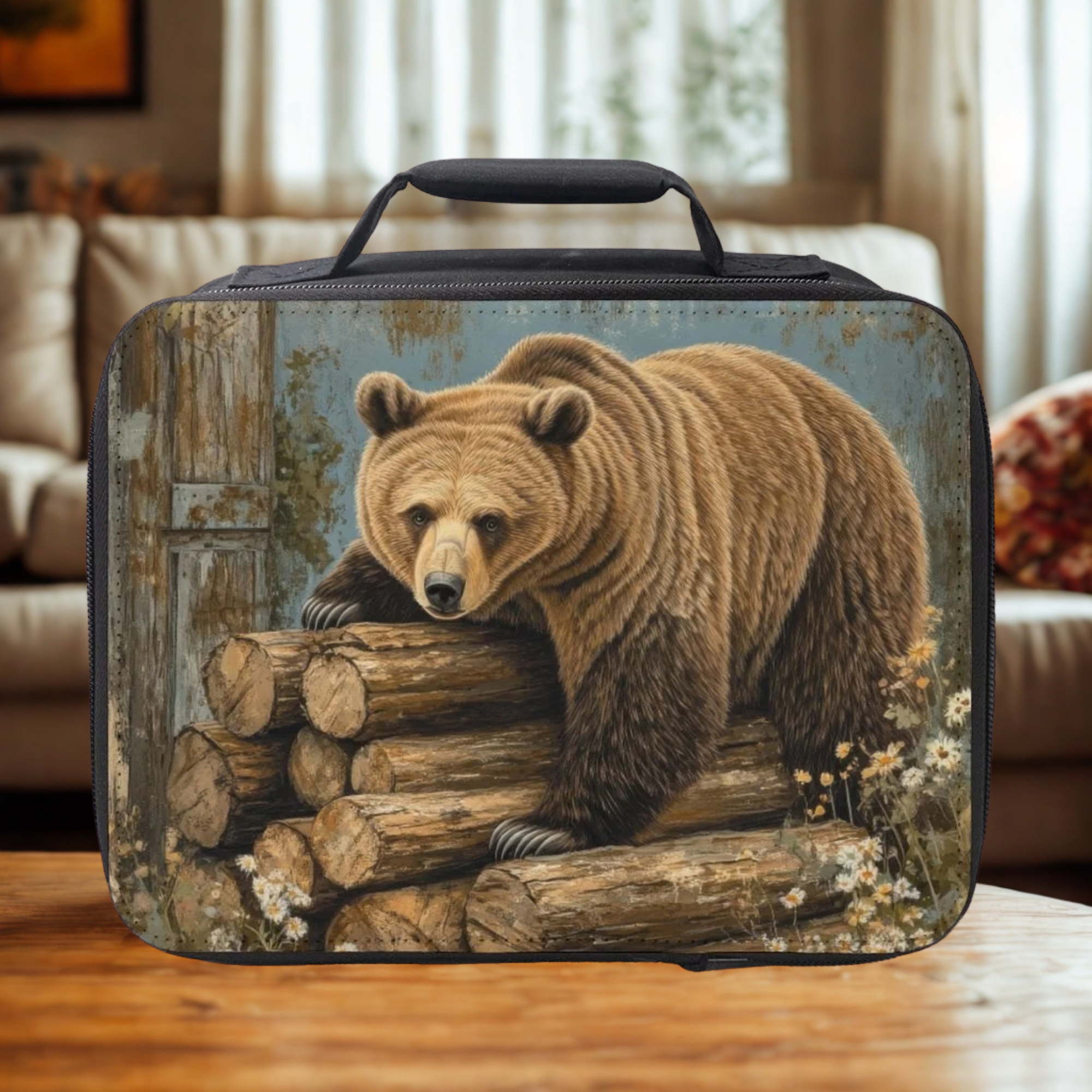 Lunch bag with bear design on a wooden coffee table in a cozy living room
