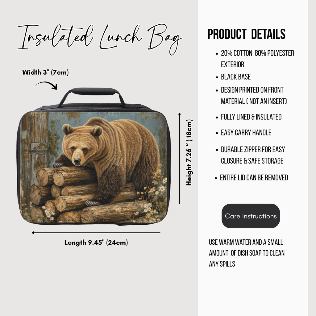 Insulated lunch bag with bear design and product details on a white background