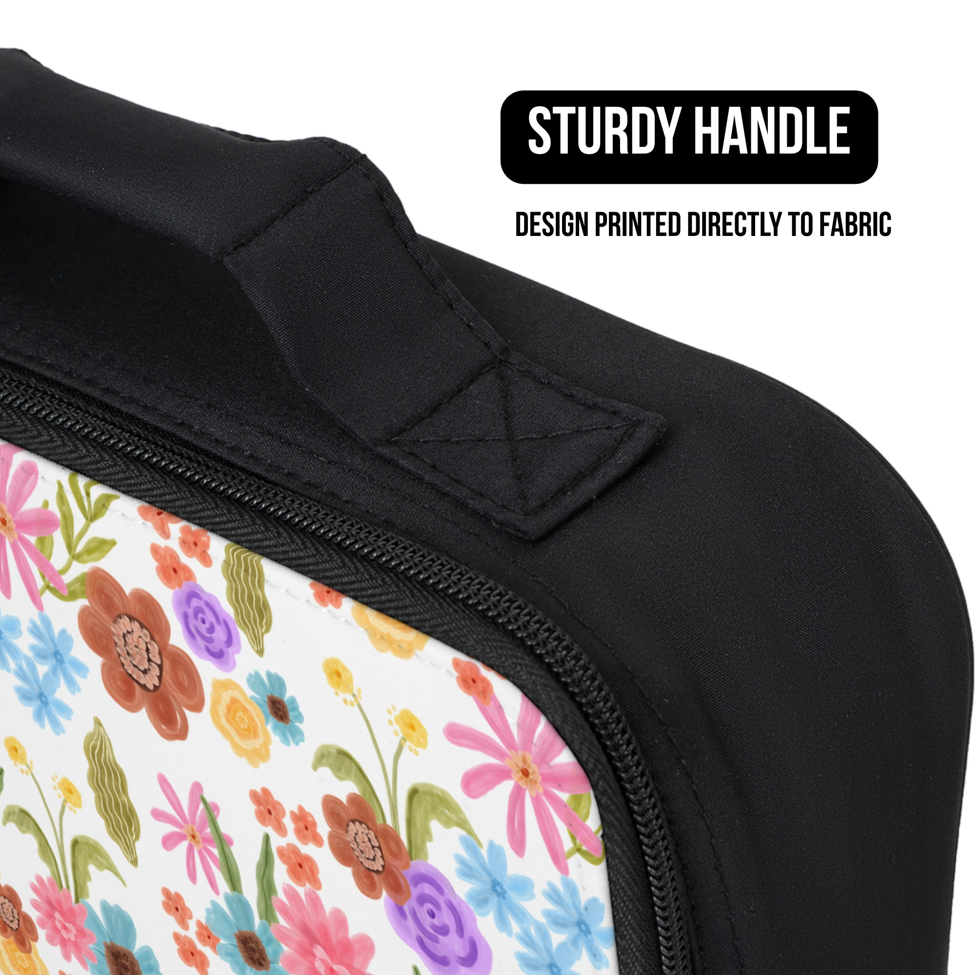 Floral-patterned lunch bag with a black handle and text indicating 'Sturdy Handle' and 'Design Printed Directly to Fabric'.
