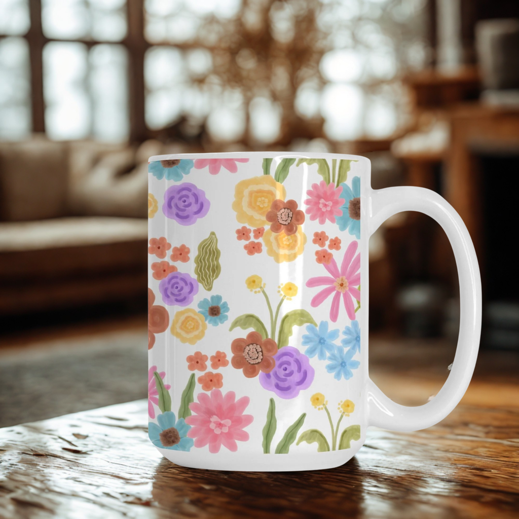 White mug with colorful floral pattern on a wooden table