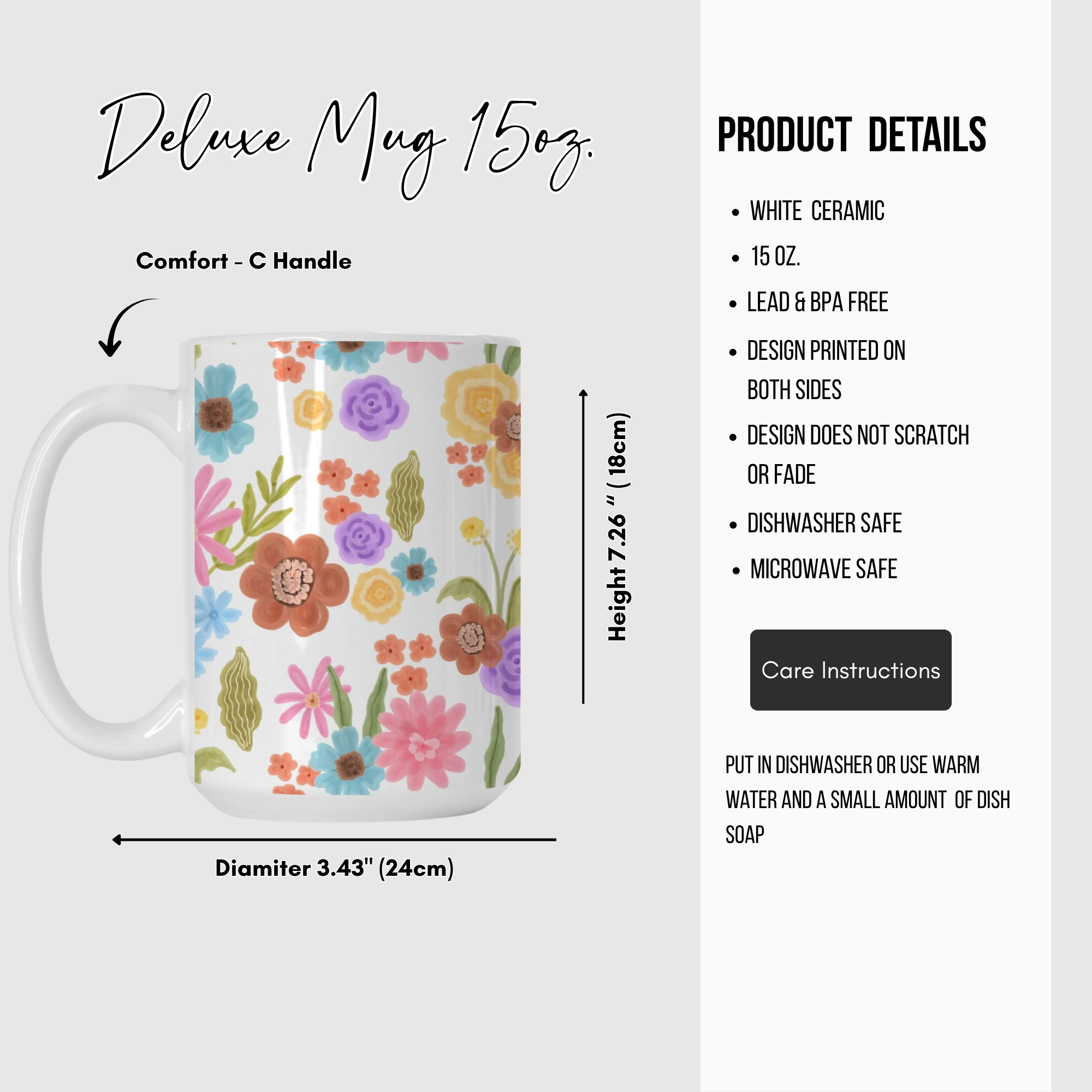 Deluxe mug with floral design and product details on a white background