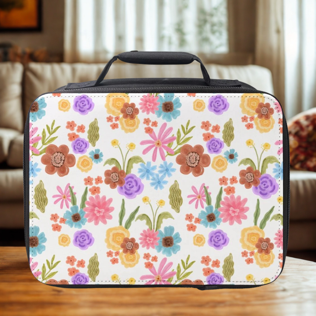 Floral-patterned lunch bag on a wooden coffee table with a blurred indoor background