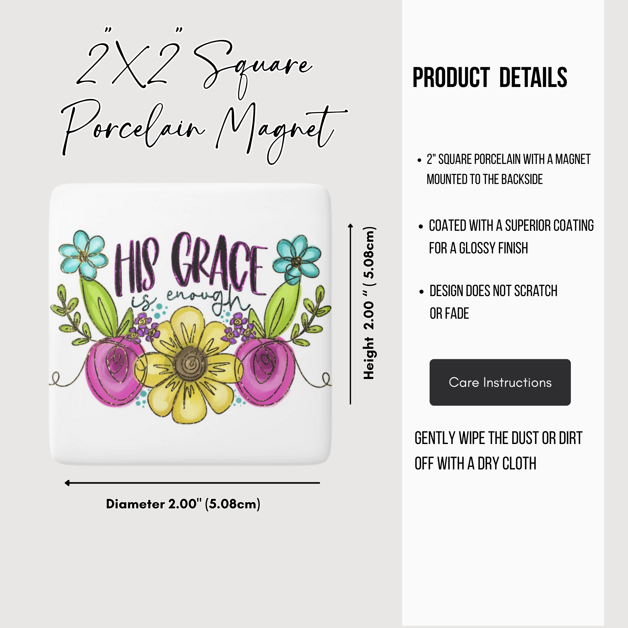Hand-Drawn His Grace Is Enough Porcelain Square Magnet — Floral Christian Gift