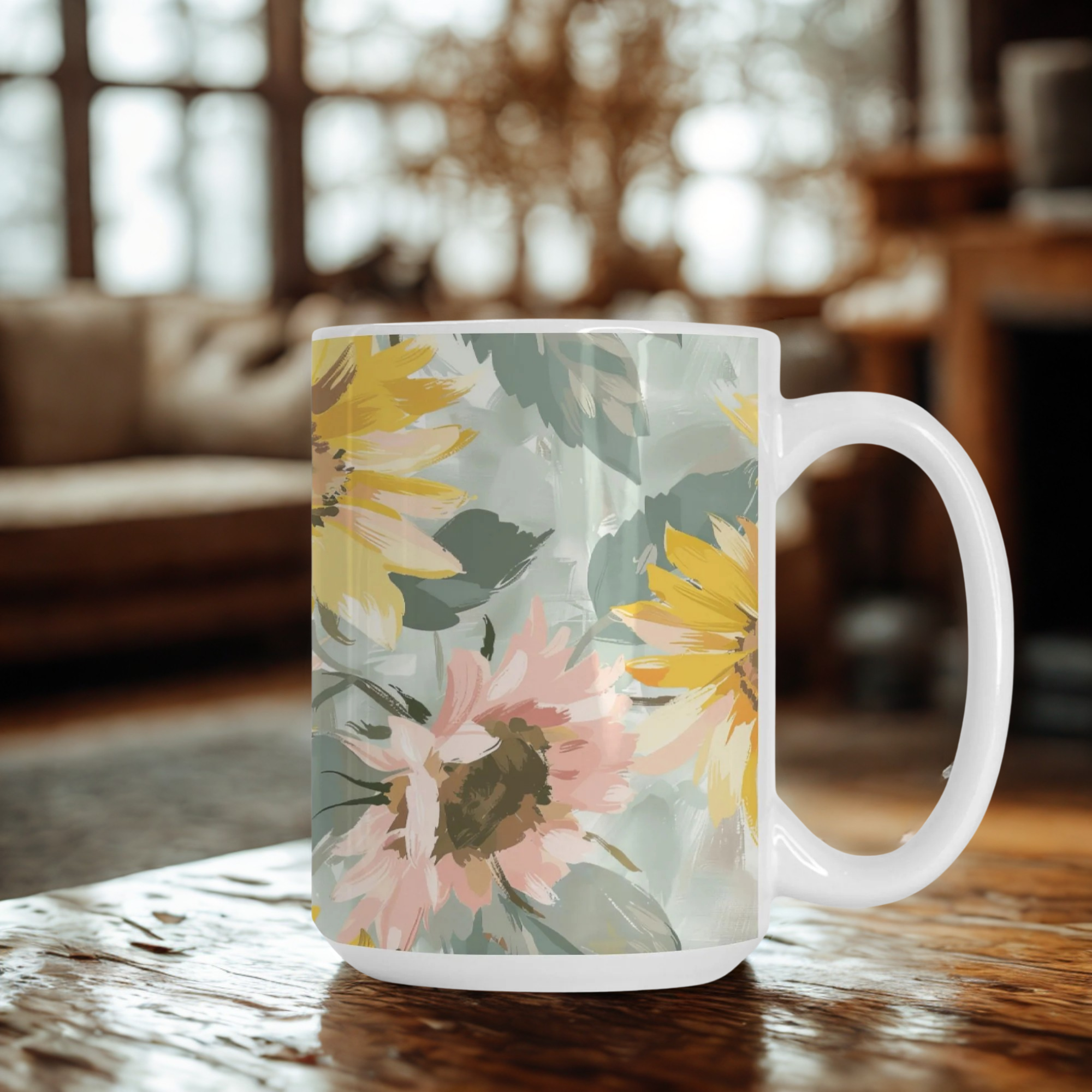 Hand-Drawn Watercolor Sunflower Mug Deluxe 15oz.