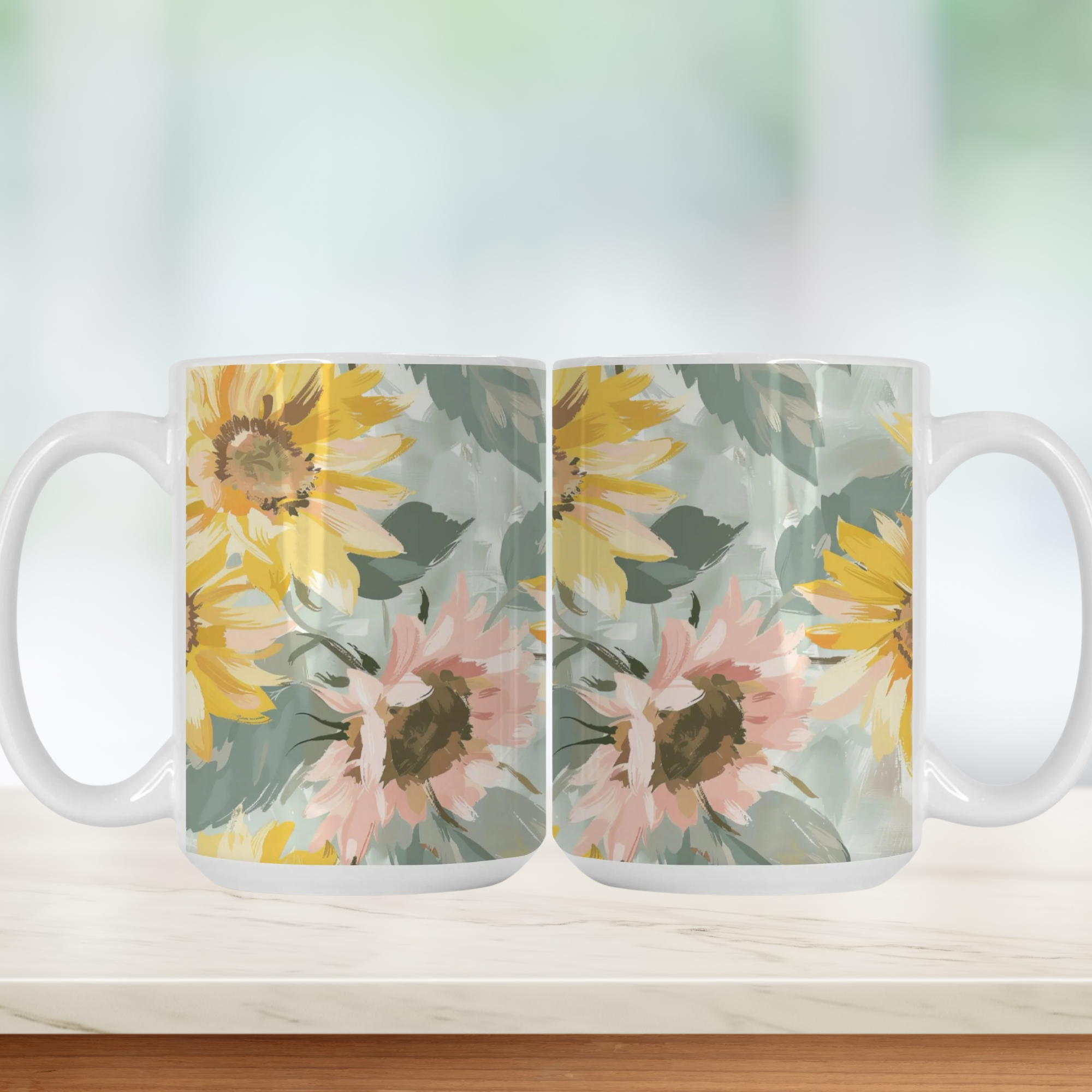 Hand-Drawn Watercolor Sunflower Mug Deluxe 15oz.