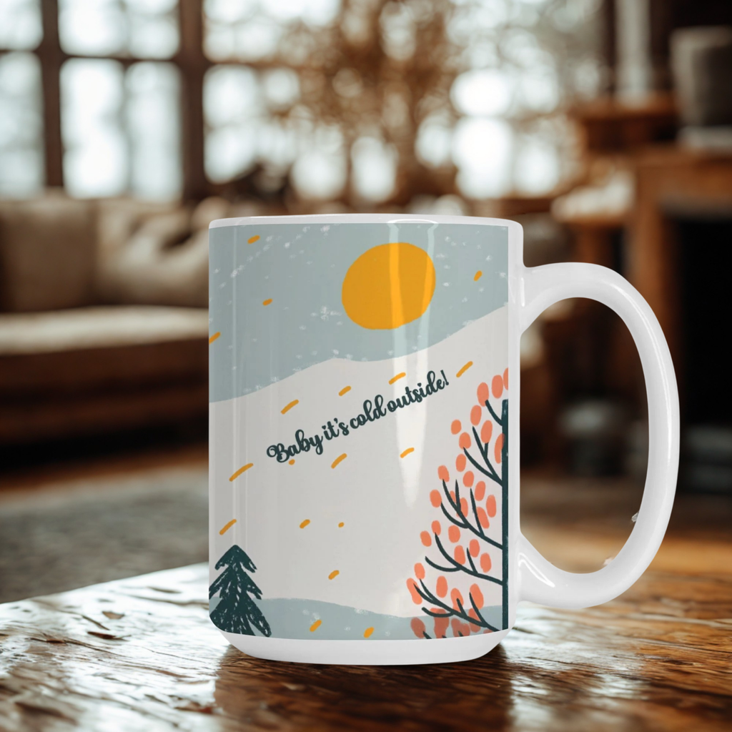 Mug with a winter-themed design on a wooden table