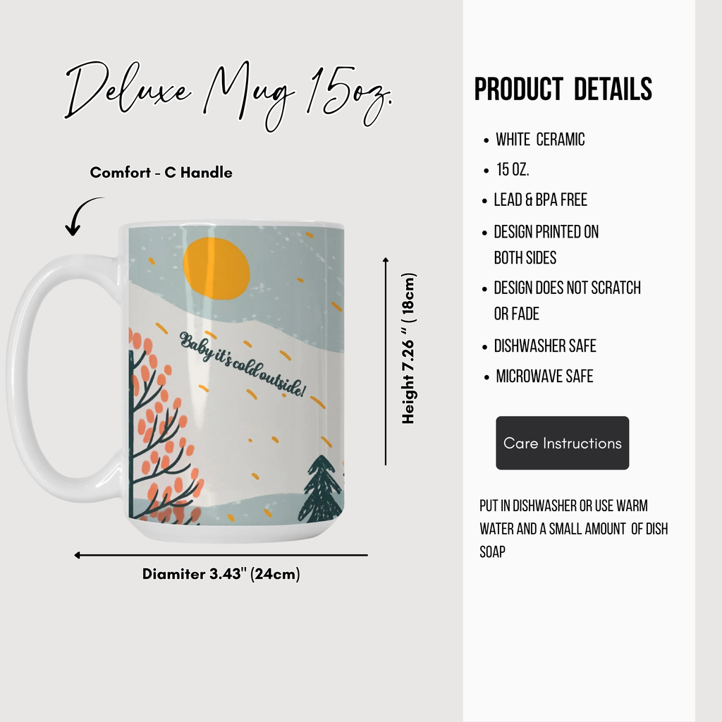 Deluxe mug with winter design and product details on a white background