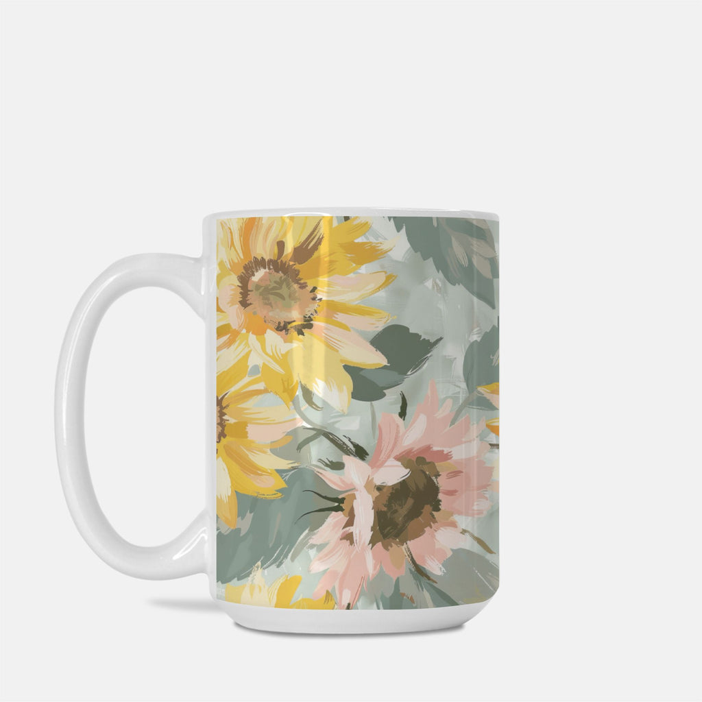 Mug with floral design featuring sunflowers and pink flowers on a light green background