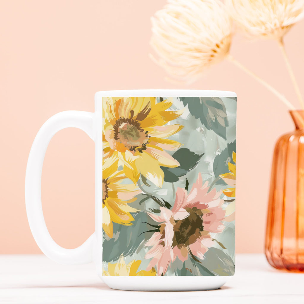 Floral mug with sunflowers on a peach background