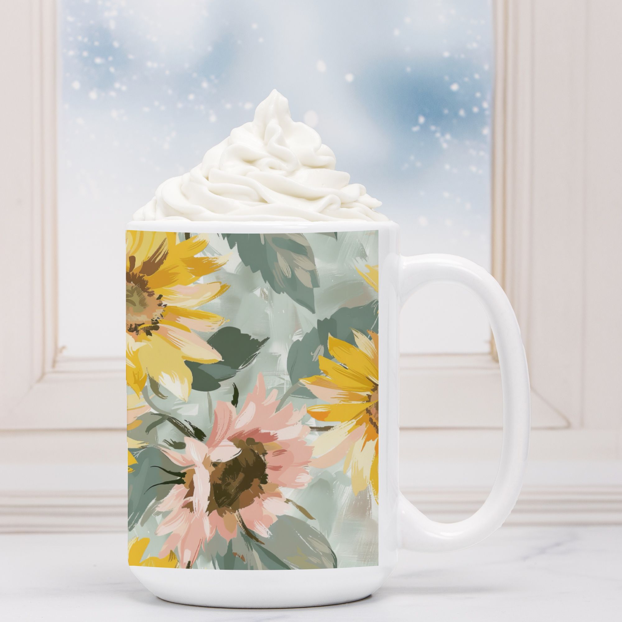 White mug with floral design filled with hot chocolate and whipped cream against a light background