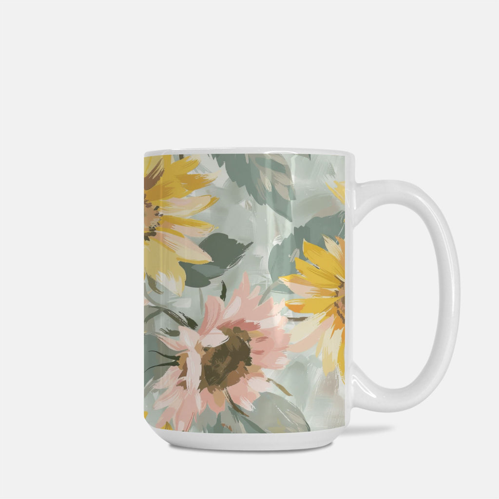 Mug with hand-drawn sunflower design on a white background