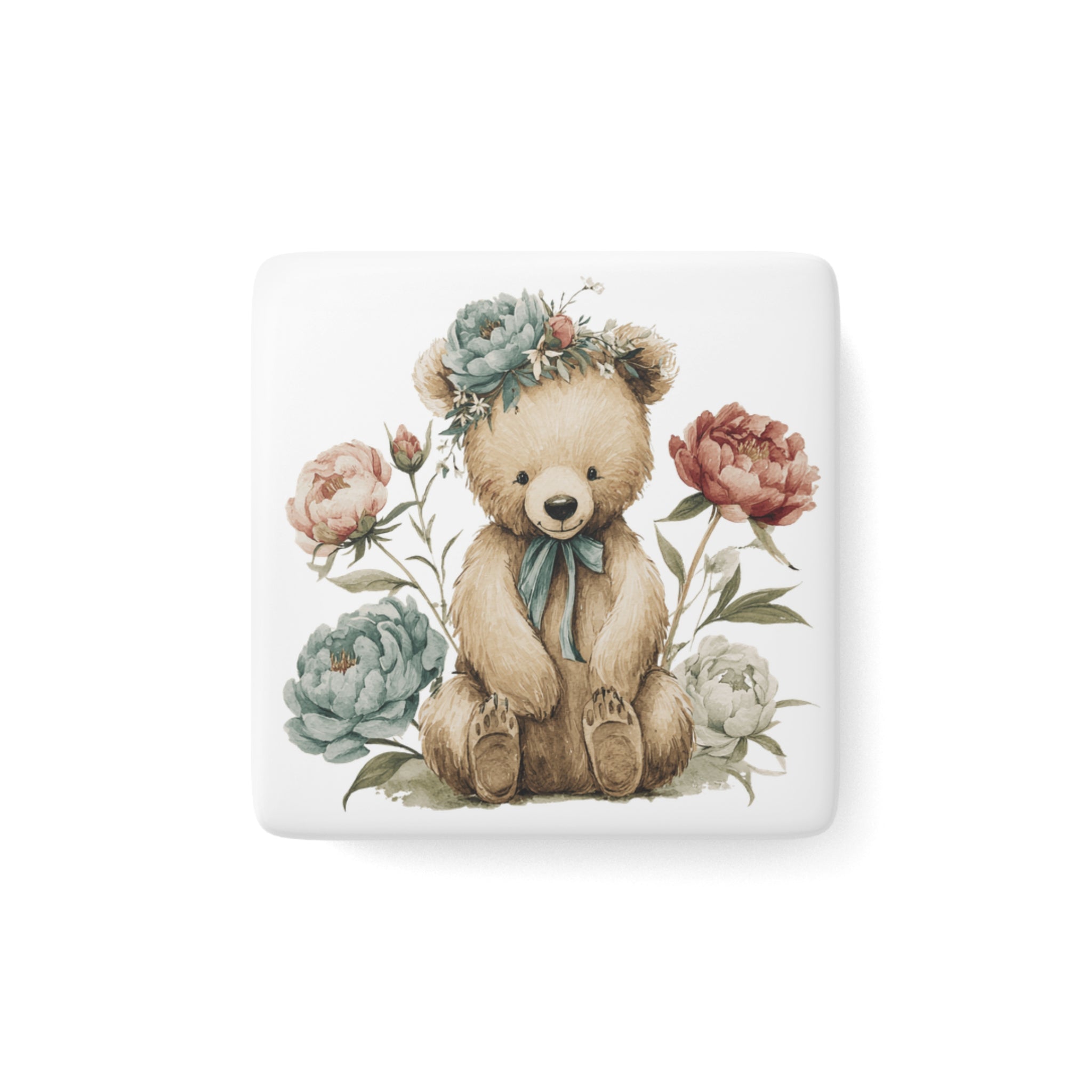 Square porcelain magnet with a floral-themed bear design on a white background