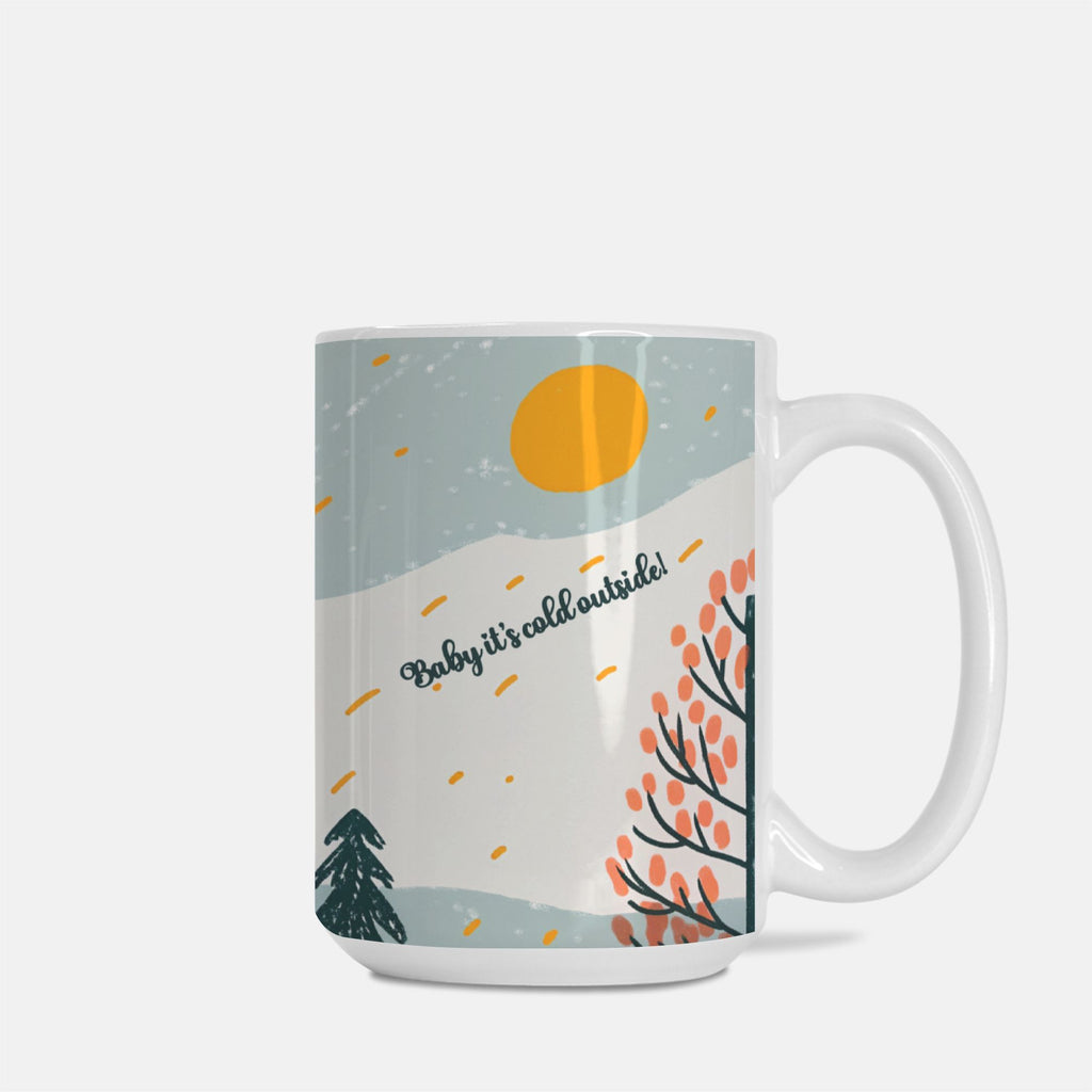 Mug with winter-themed design featuring text 'Baby it's cold outside!' and season elements on a light gray background
