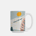 Mug with winter-themed design featuring text 'Baby it's cold outside!' and season elements on a light gray background