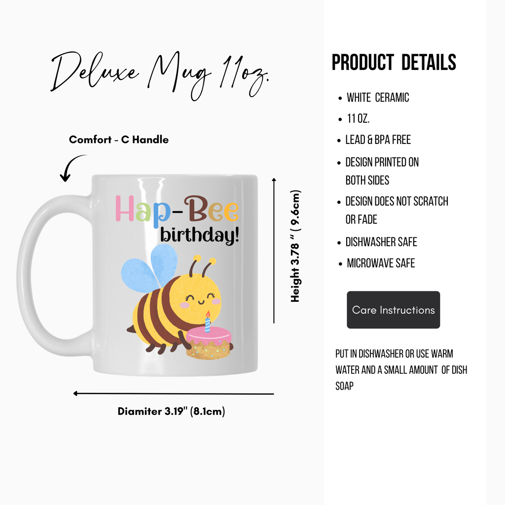 White ceramic mug with a bee design and text 'Hap-Bee birthday!' on a white background with product details.