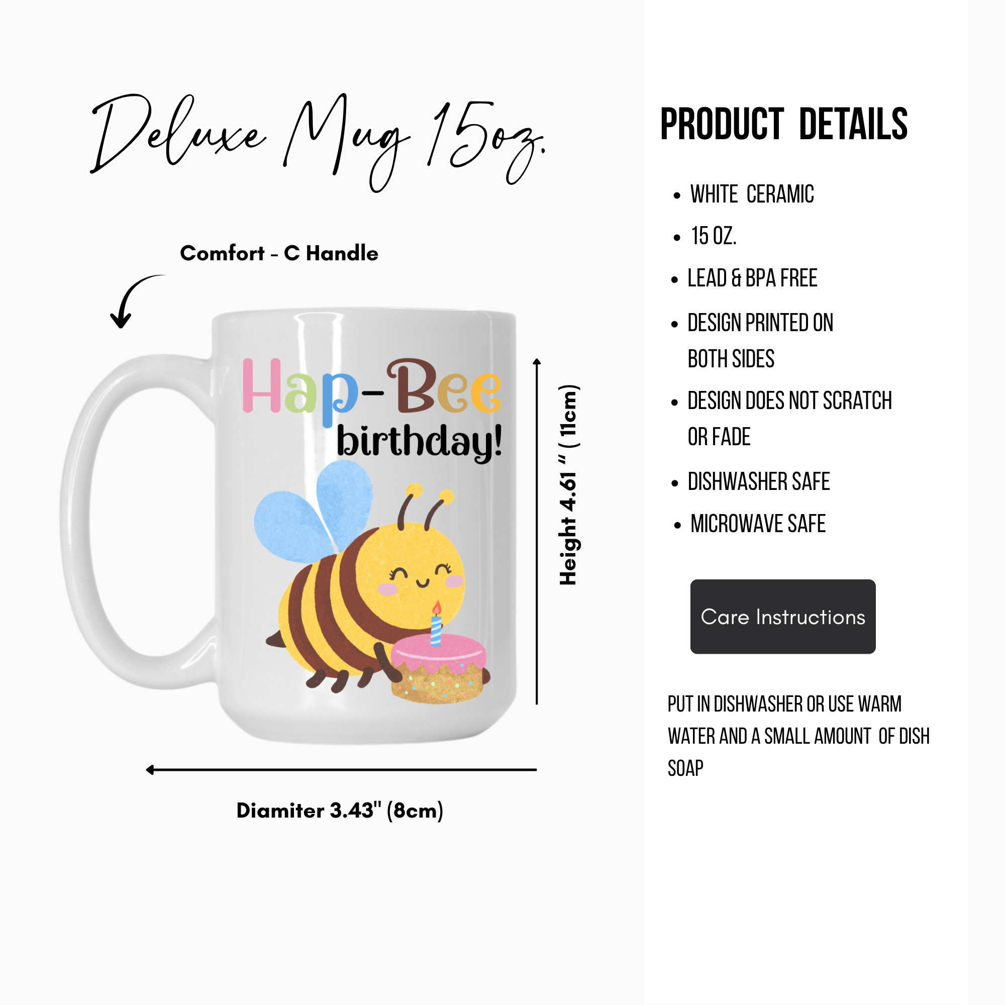 White mug with a bee design and 'Hap-Bee birthday!' text, featuring product details on a white background.
