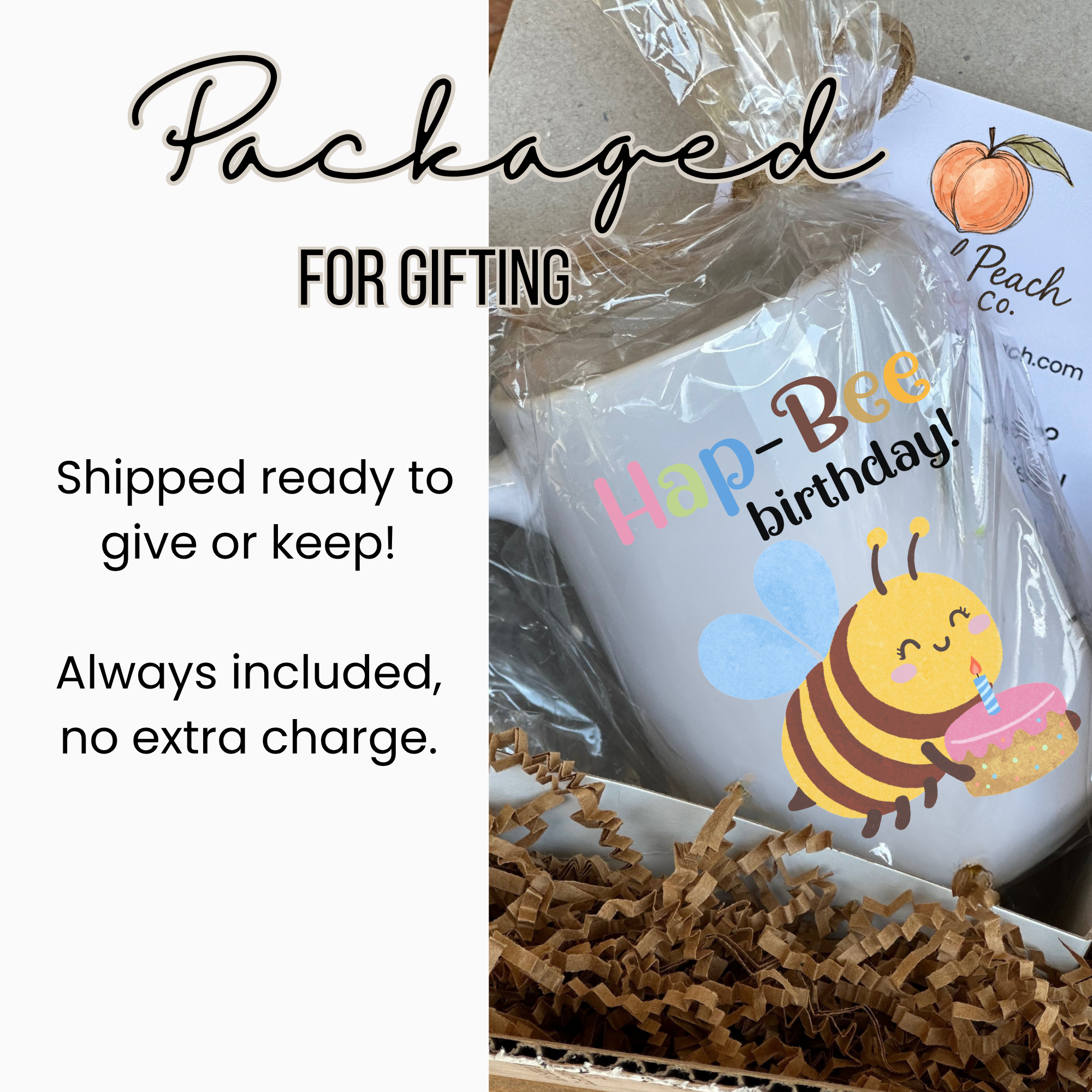 Gift-wrapped mug with bee design and 'Peach Co' branding, text indicating packaged for gifting.