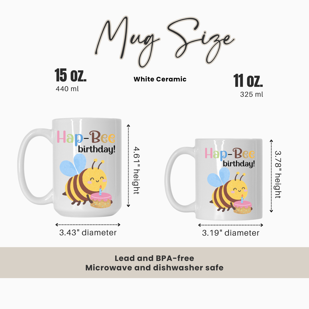 Two mugs with a bee design and text, showing size comparison and features.