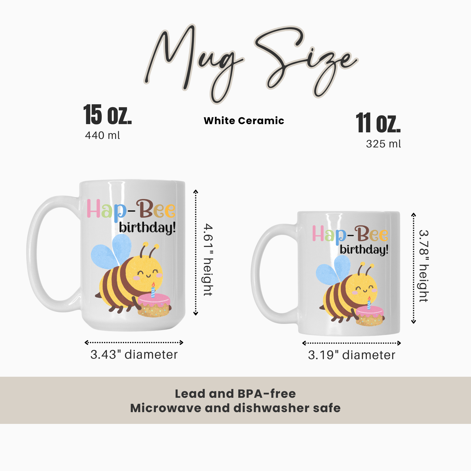 Two mugs with a bee design and text, showing size comparison and features.