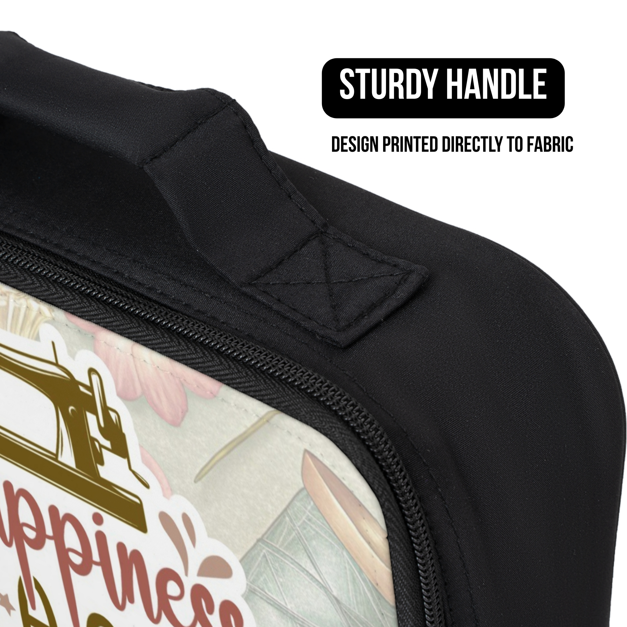 Black lunch bag with a design printed directly to fabric and a sturdy handle.