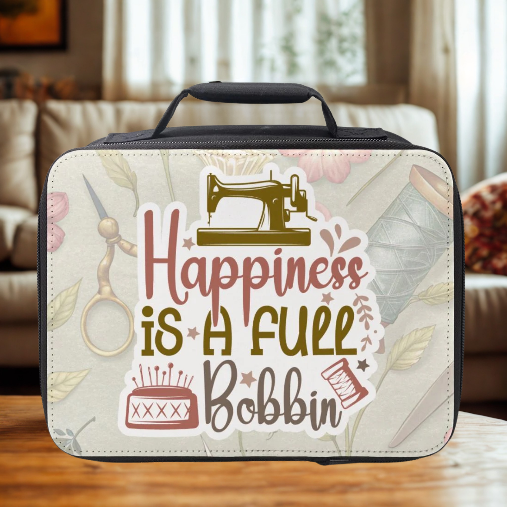 Happiness Is A Full Bobbin Insulated Lunch Bag - Sewing Theme Lunchbox