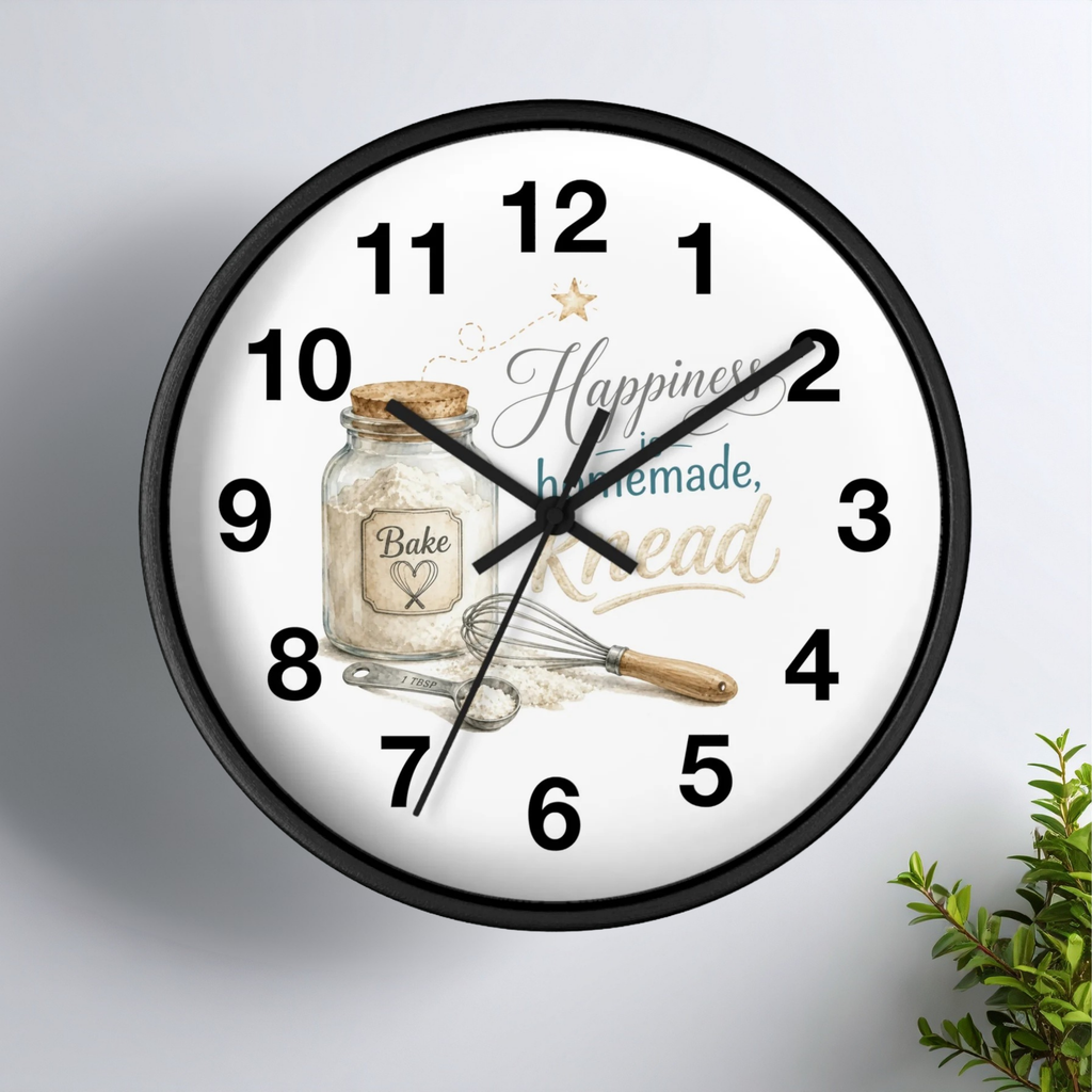 Kitchen Wall Clock — “Happiness is Homemade” Rustic Baking Decor