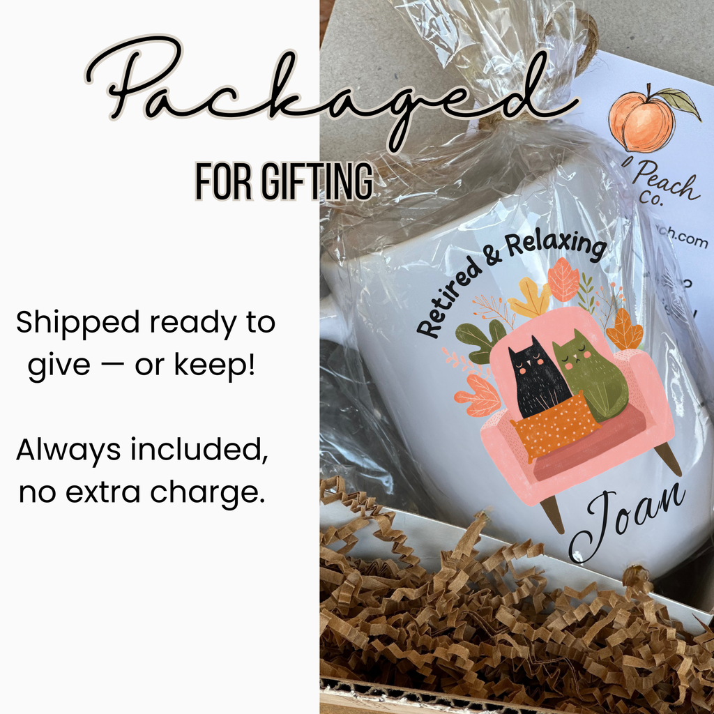 Gift-wrapped 15oz. mug with a cat-themed design and text about gifting.
