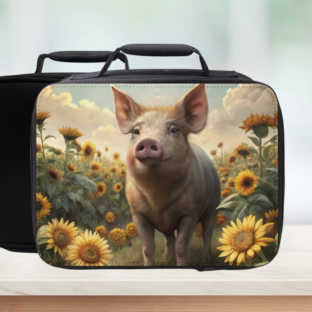 Lunch bag with a pig and sunflower design on a white background